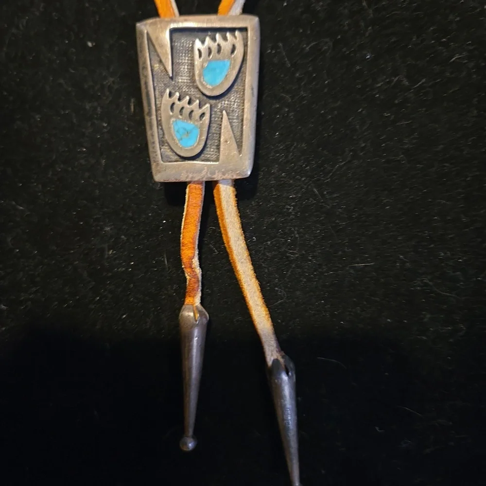 Sterling Silver & Turquoise Bolo Tie Southwestern Navajo Bear Paw Design
